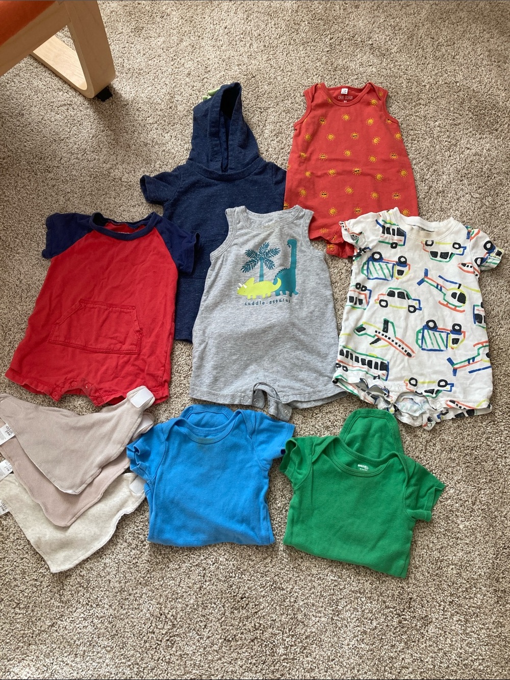9 Month Cotton Boy Bundle Rompers, Onesies, and Bibs Carters Okie Doke Chick Pea